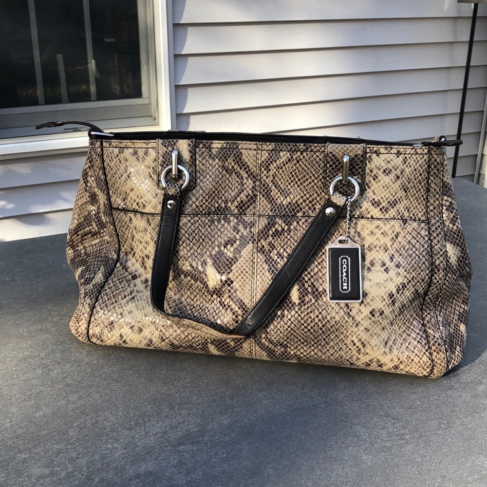 Coach Snake-Print Shoulder Bag in Beige and Black